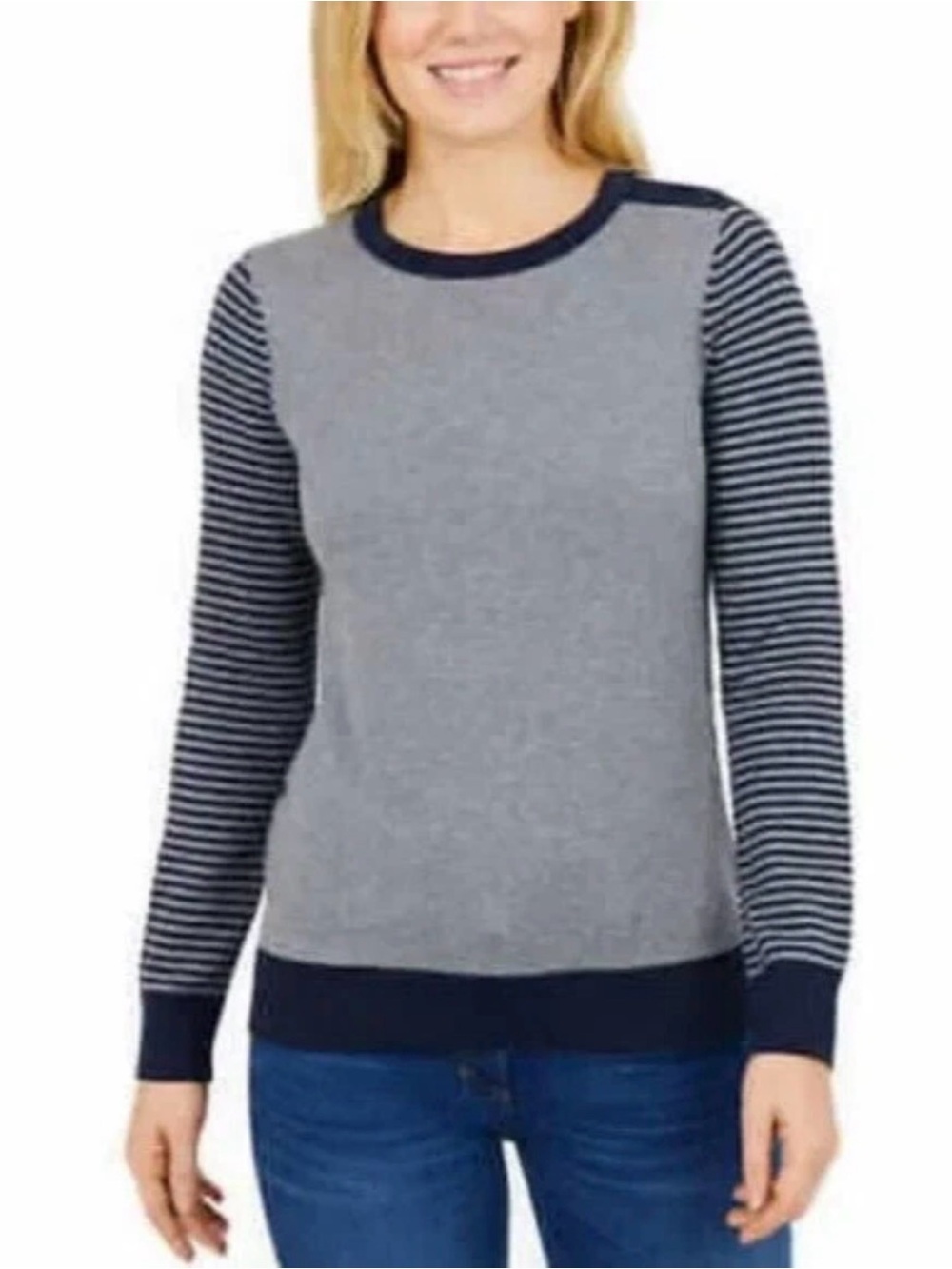 Nautica 100% Cotton Blue and Gray Striped Sleeve Crewneck Pullover Sweater - XXL